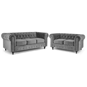 Velvet Chesterfield Sofa Suite Arm Chair, 2 Seater & 3 Seater - Grey