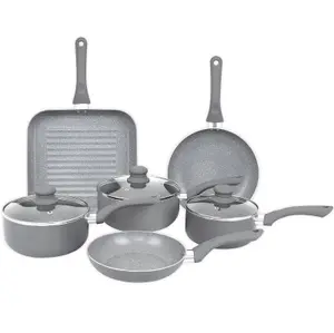 Aluminium 9 Pc Grey Marble Non Stick Pan Set Induction Frying Grill Saucepan Pot