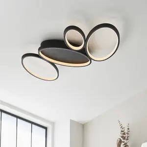 Textured Black Semi Flush Ceiling Light & White Diffuser - 3000k Warm White LED