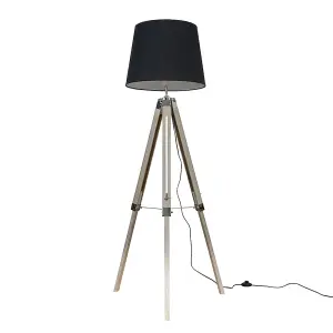 ValueLights Clipper Distressed Wood and Silver Chrome Tripod Floor Lamp with Black Tapered Light Shade with 6w LED GLS Bulb