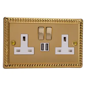 Varilight 2-Gang 13A Single Pole Switched Socket + 2x5V DC 2100mA USB Charging Ports  Georgian Brass