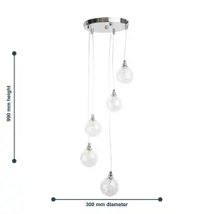 First Choice Lighting Globe Chrome Clear Wire Detailed Glass 5 Light Ceiling Pendant Light