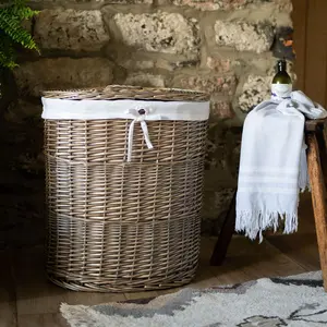 Oval Wicker Lined Laundry Basket Bin Light Grey / Medium (50 cm x 46 cm x 32 cm)