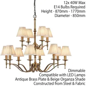 Avery Ceiling Pendant Chandelier Light 12 Lamp Antique Brass & Beige Pleat Shade