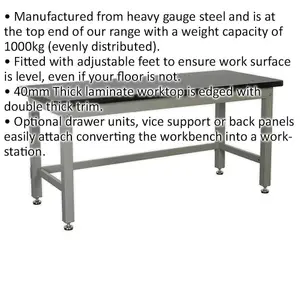 Heavy-Duty Steel Industrial Workbench with Adjustable Feet - 1800mm x 750mm Laminate Surface