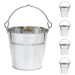 simpa 12L Heavy Duty Galvanised Metal Bucket Pail with Handle - Set of 5