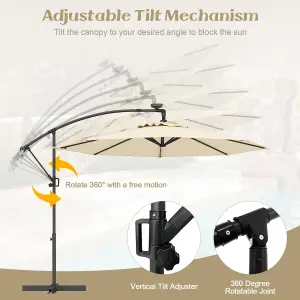 Costway Solar LED Offset Cantilever Umbrella Large Patio Parasol w/ Tilt Adjustment