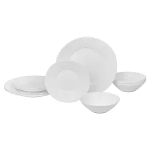 Queensway Home & Dining 26cm Diameter 12 Pcs White Opal Glass Vienna Ribbed Dinner Plates Soup Bowls Dinnerware Set