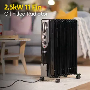 Russell Hobbs Electric Heater 2500W Black 11 Fin Oil Filled Radiator with 2 Year Guarantee RHOFR1106B