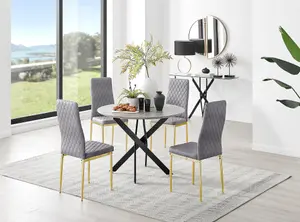 Furniturebox UK Novara Grey Concrete Effect Black Leg Round Dining Table & 4 Grey Velvet Milan Gold Leg Chairs