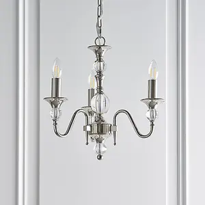 Luminosa Polina 3 Light Multi Arm Ceiling Pendant Chandelier Polished Nickel, Clear Crystal, E14