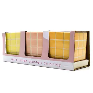 Set of 3 Warm Pastel Tile Design Ceramic Planters with Tray