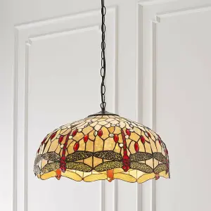 Tiffany Glass Hanging Ceiling Pendant Light Bronze Chain Dragonfly Shade i00104