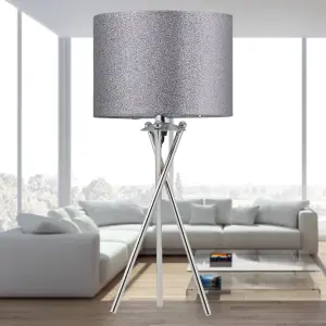 First Choice Lighting Set of 2 Chrome Tripod Table Lamps with Grey Glitter Shades