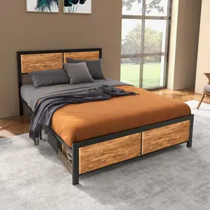 HOMCOM Double Size Bed Frame Steel Bed Base with Headboard 147 x 197cm Brown