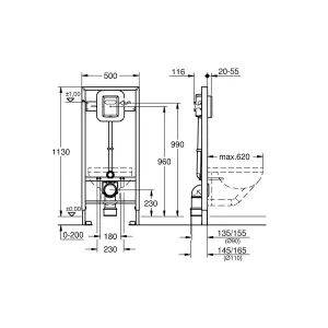 Bubly Bathrooms™ Rimless Wall Hung Toilet & Soft Close Seat with GROHE 1.13m Concealed WC Cistern Frame & Reversible Plate