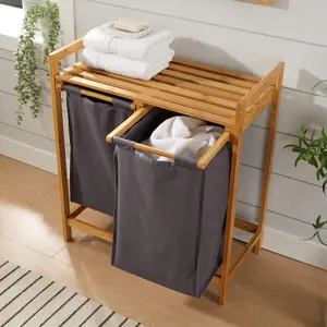 Home Source Walton Bamboo Laundry Basket with 2 Grey Fabric Compartments Storage Unit