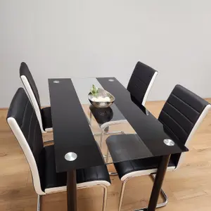 Dining Table Set of 4 Black Clear Table and Faux Leather Padded Chrome Black White Kitchen Chairs Dining Sets