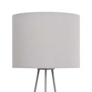 First Choice Lighting Tripod Silver Tripod Table Lamp with Ring Detail and Grey Fabric Shade