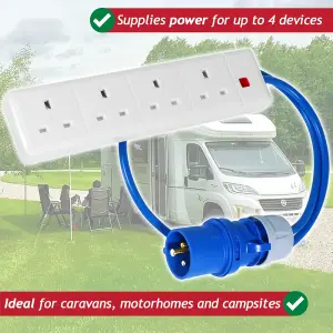 SPARES2GO 16A Plug to 13A 4 Gang Socket Caravan Motorhome Camping Hook Up Power Extension Lead (1 Metre)