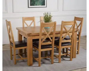 Richmond 140cm - 220cm Oak Extending Dining Table and 6 Chairs Dining Set with Berkeley Brown Leather Chairs