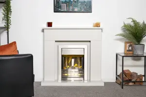 Adam Lomond White Marble Fireplace with Helios Electric Fire in Brushed Steel, 39 Inch