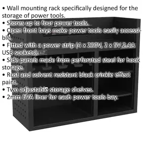 Durable 760mm Power Tool Storage Rack with Power Strip for 4 Tools