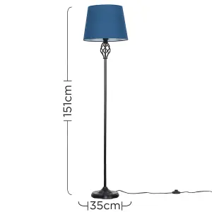 ValueLights Memphis Traditional Style Black Barley Twist Floor Lamp with Navy Blue Tapered Light Shade - with LED GLS Bulb