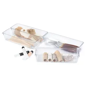 LIVIVO 4Pcs Clear Plastic Drawer Organiser, Versatile Desk & Kitchen Drawer Organiser - Tray for Makeup & Office Supplies - Large