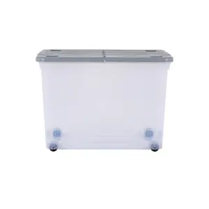 Wham 3 Piece Multisize Stackable Plastic Storage Box with Wheels & Folding Lid Clear/Cool Grey