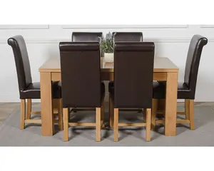 Dakota 152 x 87 cm Chunky Medium Oak Dining Table and 6 Chairs Dining Set with Washington Brown Leather Chairs