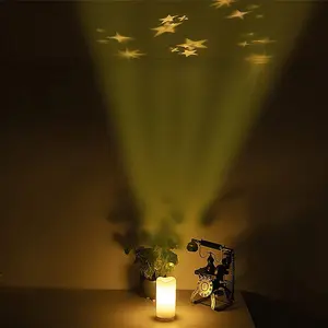 White LED Candle Star Projector - Battery or USB Powered Realistic Pillar Candle Ambient LED Light Home Decoration - H16 x 8cm Dia