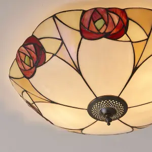 Tiffany Glass Flush Ceiling Light - Mackintosh Style Rose - Dark Bronze Finish