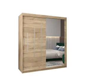 Stylish Oak Sonoma York II Sliding Door Wardrobe W1800mm H2000mm D620mm - Mirrored Storage with Silver Handles