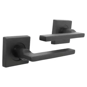 UNO Door Handle Matt Black Lever on Square Rose Internal Wooden Handles + 64mm Latch & Hinges