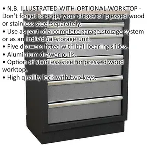 680mm Modular 5 Drawer Floor Storage Cabinet with Locking Mechanism and Ball Bearing Slides