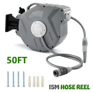 15m Garden Patio Hose Reel Wall Mounted Retractable Auto Rewind Pipe