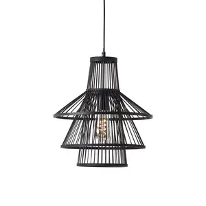 Luminosa Minato Single Pendant Ceiling Lamp, Dark Bamboo, Matt Black