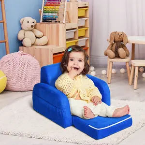 HOMCOM 2 In 1 Kids Armchair Sofa Bed Fold Out Padded Wood Frame Bedroom Blue