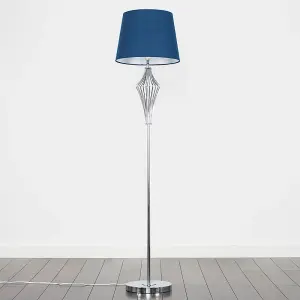 ValueLights Jaspa Polished Chrome Metal Wire Geometric Diamond Design Floor Lamp with Navy Blue Shade