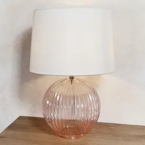 Table Lamp Dusky Pink Ribbed Glass & Vintage White Linen 40W E27 GLS