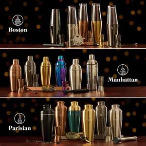 VonShef Cocktail Shaker Set Brushed Gold - 550ml Manhattan Shaker 5pc Home Bar Set with Strainer, Muddler, Jigger & Gift Box