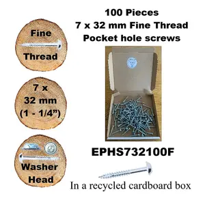 Pocket Hole Screws for Hardwoods, 32mm Long, Pack of 100, Fine Self-Cutting Threaded Square Drive, EPHS732100F, EPH Woodworking