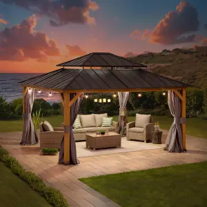 Sunjoy FSC Cedar Wood Gazebo Trivor 450cm x 390cm W/ Netting & Curtain, Anthracite