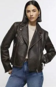 River Island Womens Brown Faux Leather Distressed Biker Jacket - 6