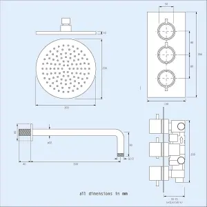 Nes Home Flora 3 Dial 3 Way Round - Slim Shower Head, Handset & Body Jets Set