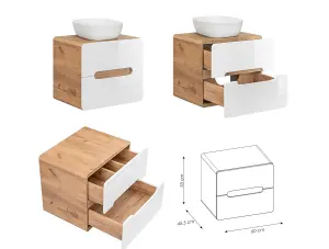 Bathroom Furniture Set with Tall Unit & 600 Vanity Cabinet with Countertop Sink White Gloss Oak Arub