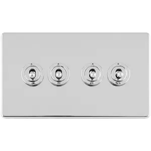 4 Gang Quad Retro Toggle Light Switch SCREWLESS POLISHED CHROME 10A 2 Way Lever