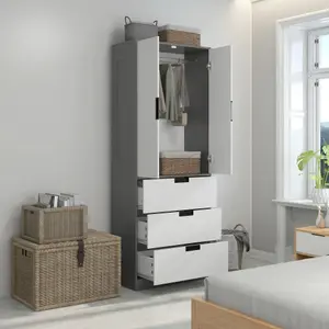 HOMCOM 2 Door Wardrobe Grey Wardrobe with 3 Drawer and Hanging Rod for Bedroom