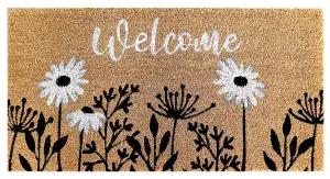 A.Unique Home 15mm Natural Coir Doormat with Printed Pattern 40cm x 80cm - Non-Slip PVC Backed - WELCOME B&W MAT